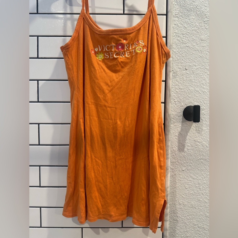 Vintage Y2K Victorias Secret Orange Cotton Spaghetti Strap Mini Tank Dress M Emb